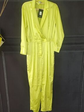 Fashion Nova Lime Green Satin Jumpsuit